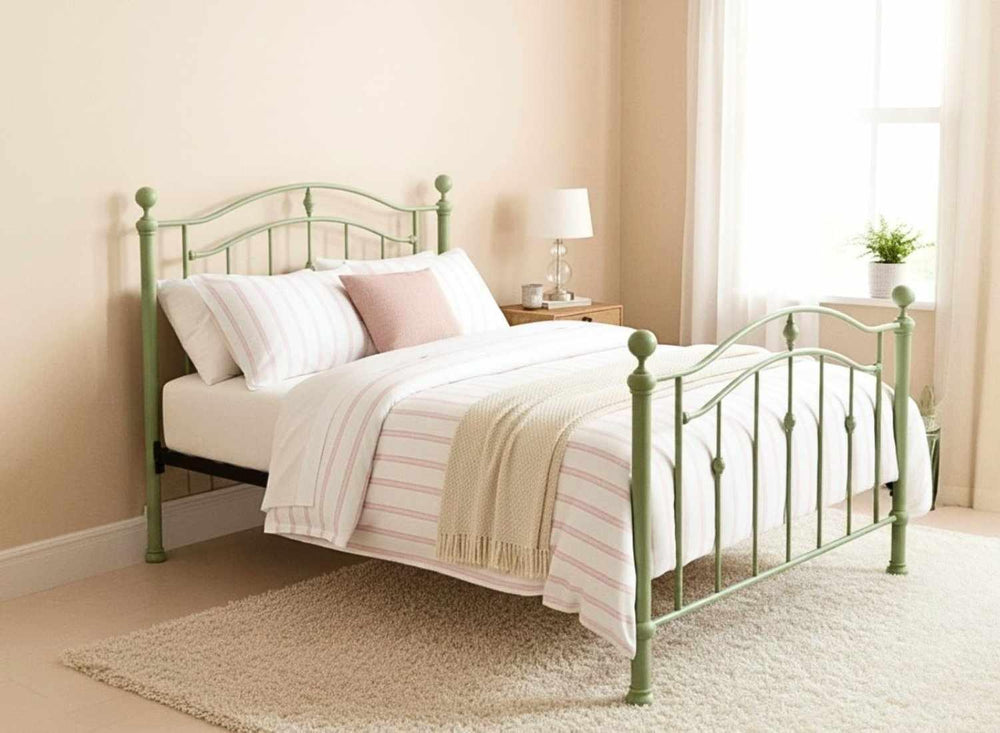 Calham sage green metal bed frame in minimalist bedroom
