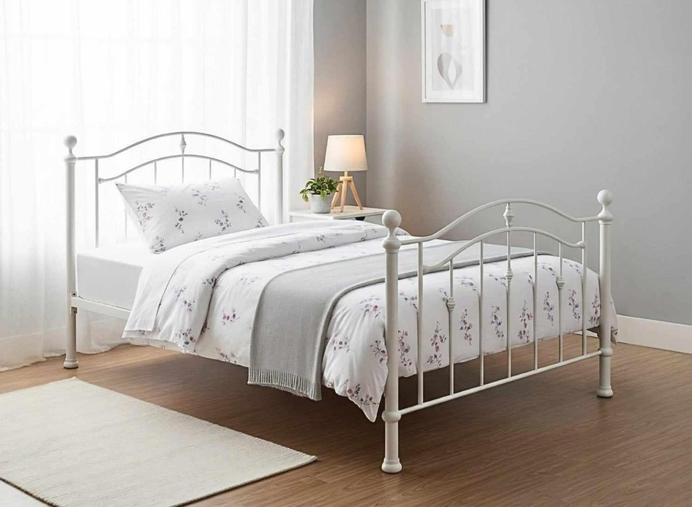 Calham sage green metal bed frame in minimalist bedroom