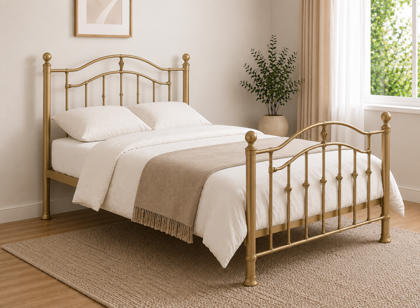Double gold metal bed frame with curved headboard and footboard.