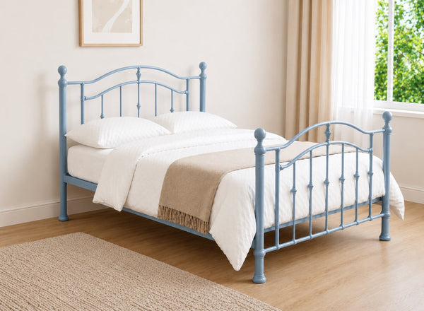 Double Calham Metal Bed Frame in pastel blue with curved headboard and footboard.