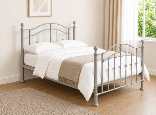Calham Double Metal Bed Frame in Dust Grey with curved headboard and footboard.