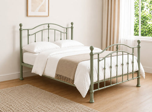 Calham Double Metal Bed Frame in Sage Green with curved headboard and footboard.