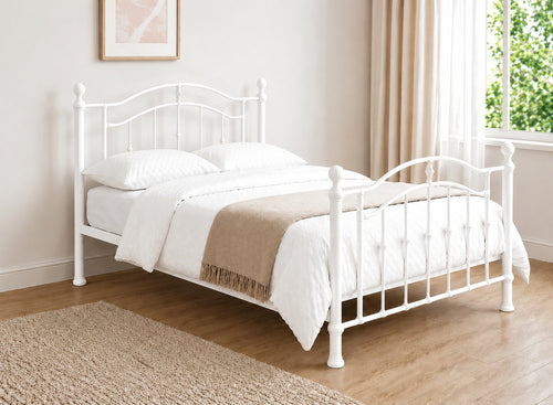 Calham Double Metal Bed Frame in Stone White with curved headboard and footboard.