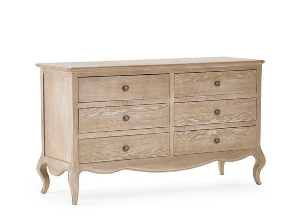 Camille 6 Drawer Wide Chest with beautifully crafted feet on white background