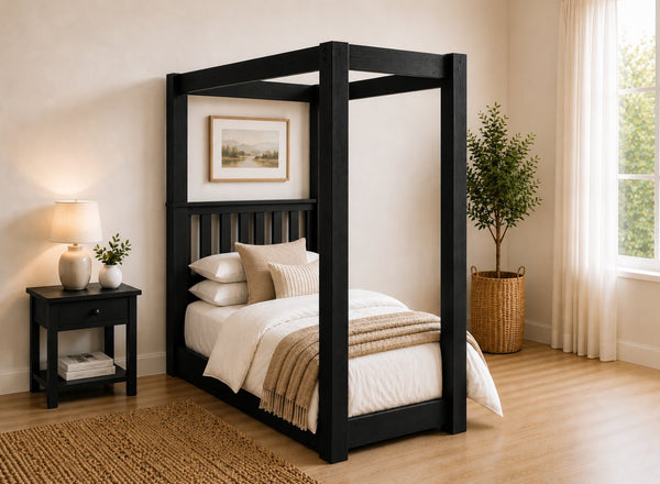 Chesterton Floor Four Poster Bed in Black Ash Finish, Single Size