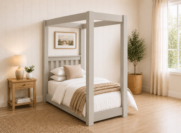 Chesterton Floor Four Poster Bed in Painted Grey Finish, Single Size