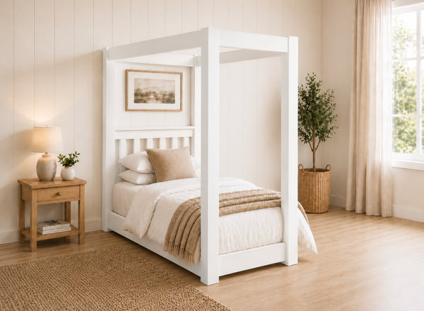 Chesterton Floor Four Poster Bed in Painted White Finish, Single Size