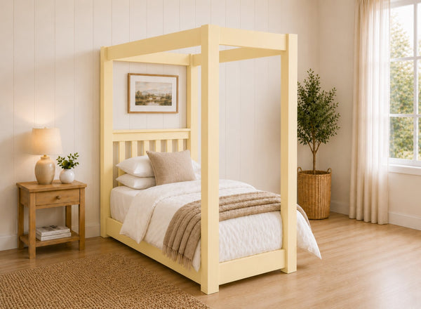 Chesterton Floor Four Poster Bed in Painted Yellow Finish, Single Size