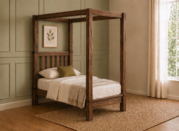 Chesterton Four Poster Bed in Walnut Finish, Single Size (Low End)