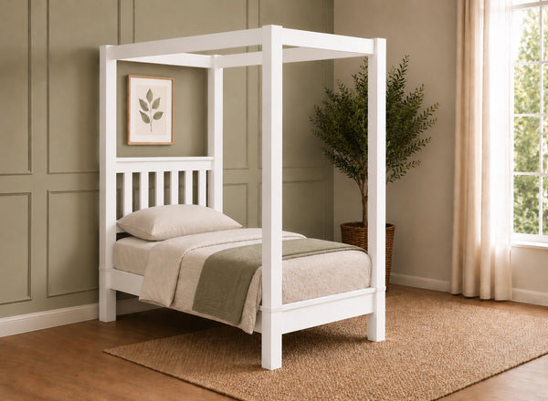 Chesterton Four Poster Bed in Painted White Finish, Single Size (Low End)