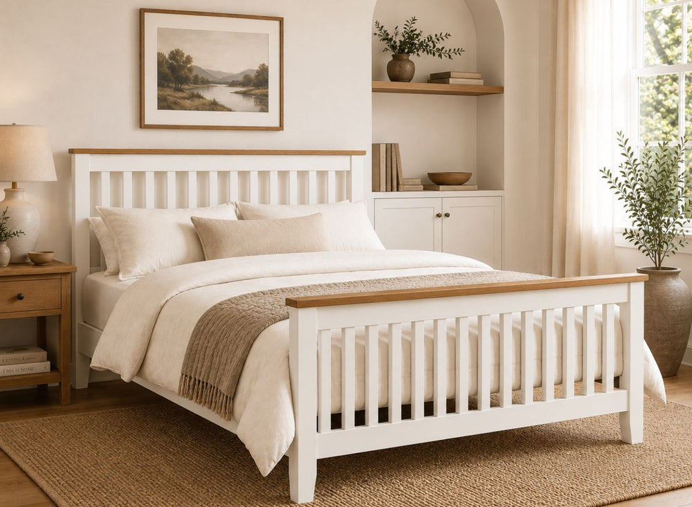 Coltishall White Wooden Bed with Oak Tops in King Size