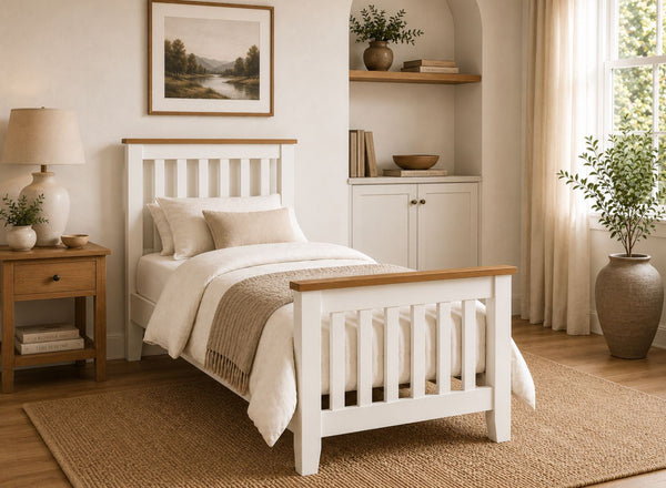 Coltishall White Wooden Bed with Oak Tops in Single Size