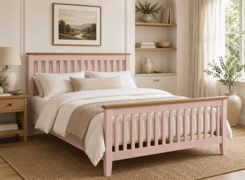 Coltishall Pink Wooden Bed with Oak Tops in King Size