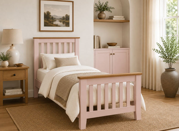 Coltishall Pink Wooden Bed with Oak Tops in Single Size