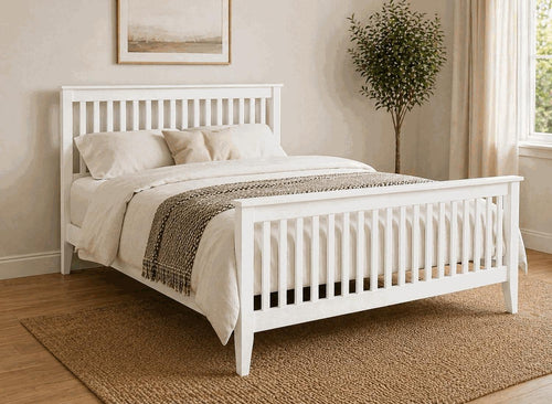 White painted wooden bed with slatted headboard and footboard, Small Single size.
