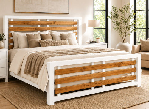 Costessey White Wooden Bed Frame with Oak Stained Accent