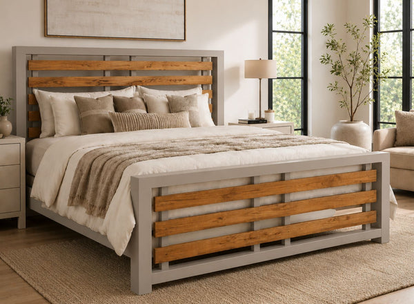 Costessey Grey Wooden Bed Frame with Oak Stained Accent