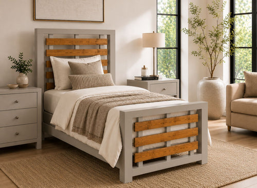 Costessey Grey Wooden Single Bed Frame with Oak Stained Accent