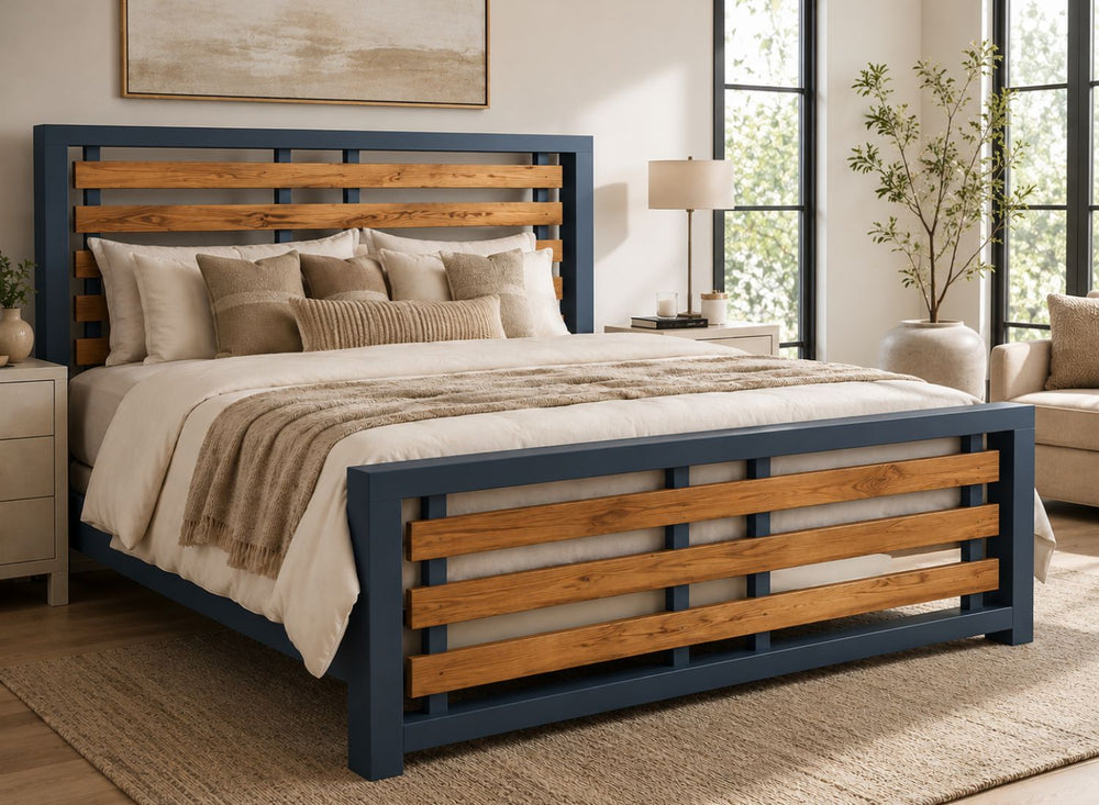 Costessey Hague Blue Wooden Bed Frame with Oak Stained Accent