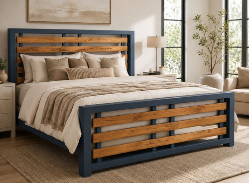 Costessey Hague Blue Wooden Bed Frame with Oak Stained Accent