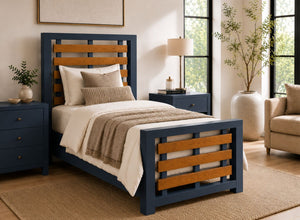 Costessey Hague Blue Wooden Single Bed Frame with Oak Stained Accent