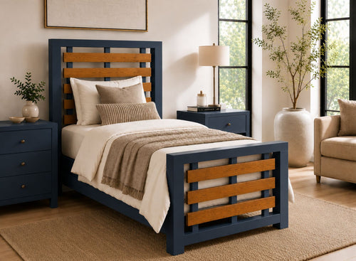 Costessey Hague Blue Wooden Single Bed Frame with Oak Stained Accent