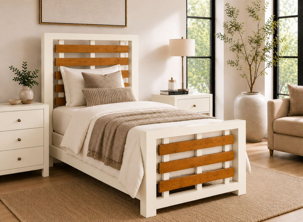 Costessey Hague Blue Wooden Bed Frame with Oak Stained Accent