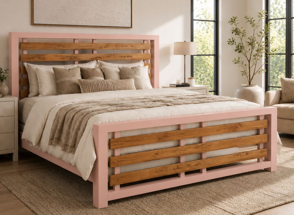 Costessey Pink Wooden Bed Frame with Oak Stained Accent