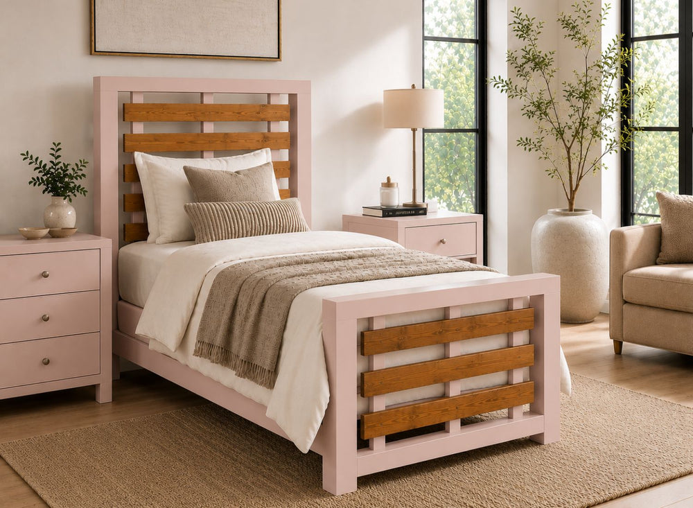 Costessey Hague Blue Wooden Bed Frame with Oak Stained Accent
