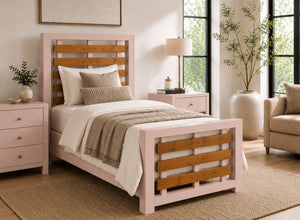 Costessey Pink Wooden Single Bed Frame with Oak Stained Accent