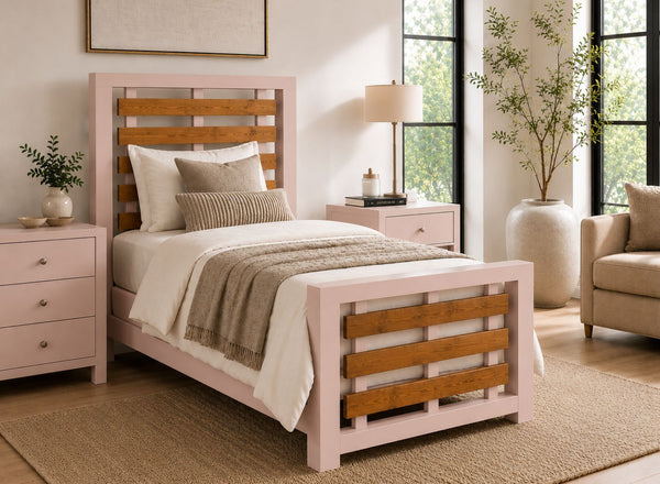 Costessey Pink Wooden Single Bed Frame with Oak Stained Accent