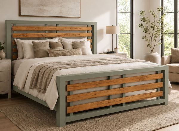 Costessey Green Wooden Bed Frame with Oak Stained Accent