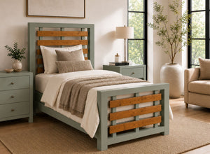 Costessey Green Wooden Single Bed Frame with Oak Stained Accent