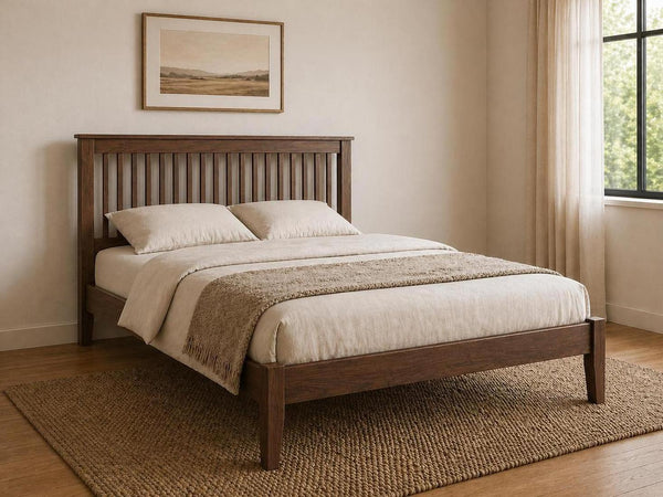 Coxford Stained Chocolate Wooden Bed Low End | Modern Minimalist Bedroom