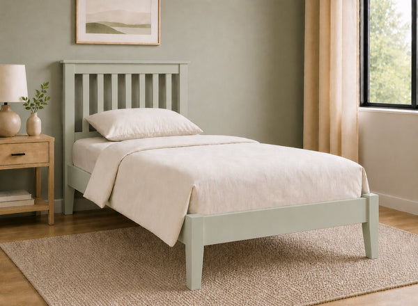 Coxford Sage Green Wooden Bed in Low End Style, Single Size