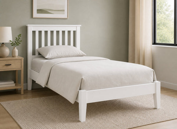 Coxford White Wooden Bed in Low End Style, Single Size