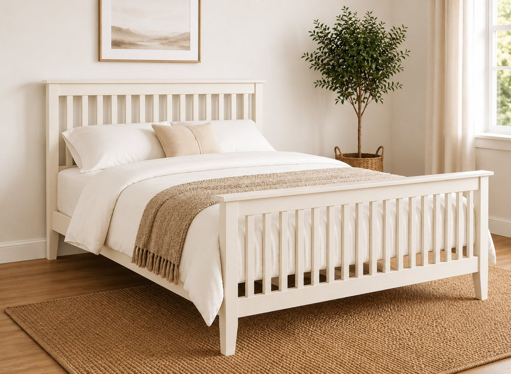 Coxford Painted Wooden Bed in James White Cream with slatted headboard and footboard.