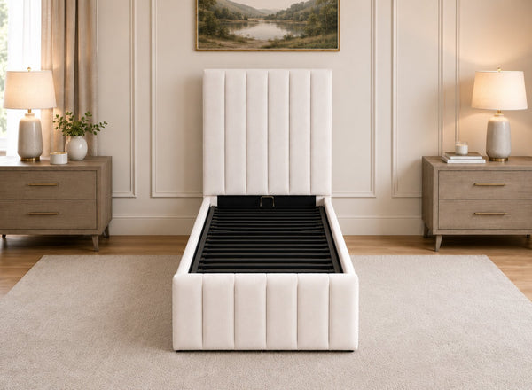 Single Ellingham Cream Ottoman Bed with High Quality Metal Tubed Lid