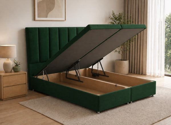 Bottle Green Velvet Iberis Ottoman Bed with Headboard, storage open.