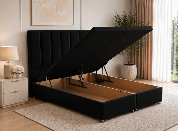 Black Electric Ottoman Bed Finished in Jet Black Velvet
