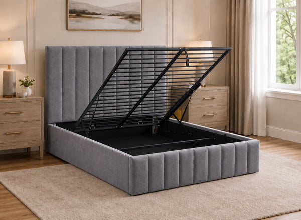 Double Ellingham Grey Ottoman Bed Finished in Chenille Opened