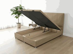 Beige end lift ottoman bed base with open storage, custom 6ft x 6ft3.