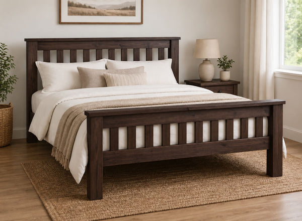 Fakenham Chunky Wooden Bed, walnut frame with slatted headboard and footboard.