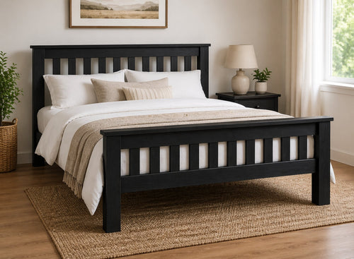 Fakenham Chunky Wooden Bed, Single, Black Ash, with slatted headboard and footboard.