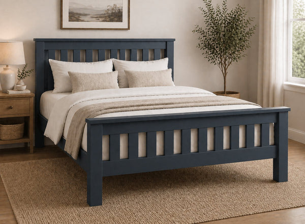Fakenham Painted Chunky Wooden Bed, Single, Hague Blue, with slatted headboard and footboard.