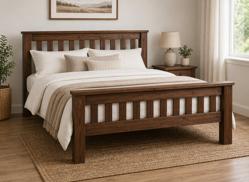Single Fakenham Chunky Wooden Bed in walnut with slatted headboard and footboard.