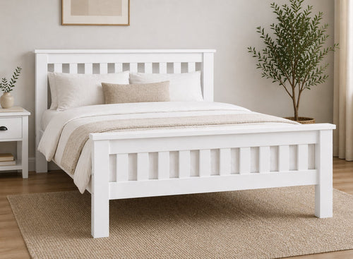 Single Fakenham All White painted chunky wooden bed with slatted headboard and footboard.