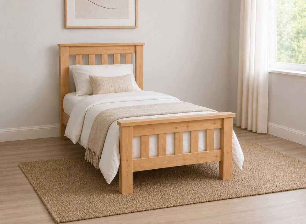 Fakenham Chunky Wooden Bed, single oak frame with slatted headboard and footboard.