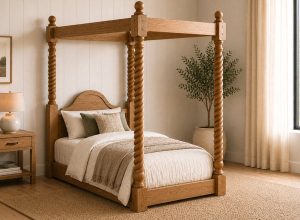 Farringdon Floor Four Poster Bed in Oak Finish, Single Size
