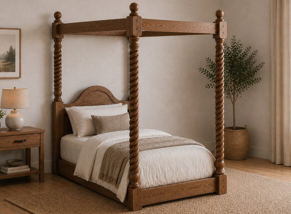 Farringdon Floor Four Poster Bed in Walnut Finish, Single Size